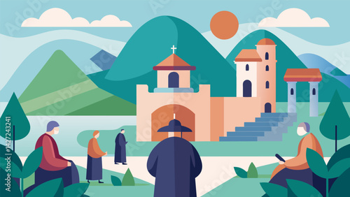 A tranquil monastery where guests can immerse themselves in the slow pace of monastic life and delve deeper into Stoic teachings.. Vector illustration