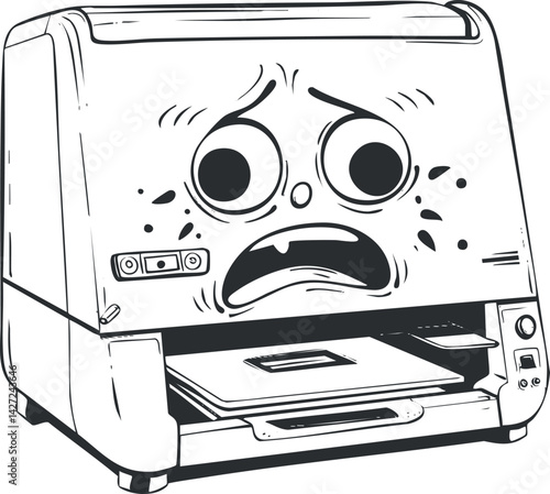 A cartoon printer with a scared expression depicting fear and humor in an office setting.