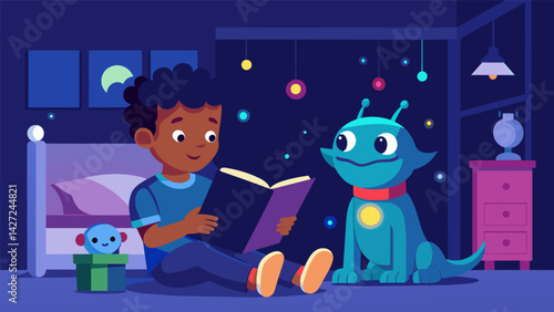 A child reads a book in their room with their AI pet companion cuddled up next to them its colorful lights gently shifting to match the mood of the. Vector illustration