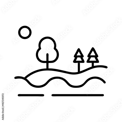 Minimalist line icon of landscape with trees, hills and sun, black outline on white background, nature view and outdoor scenery symbol