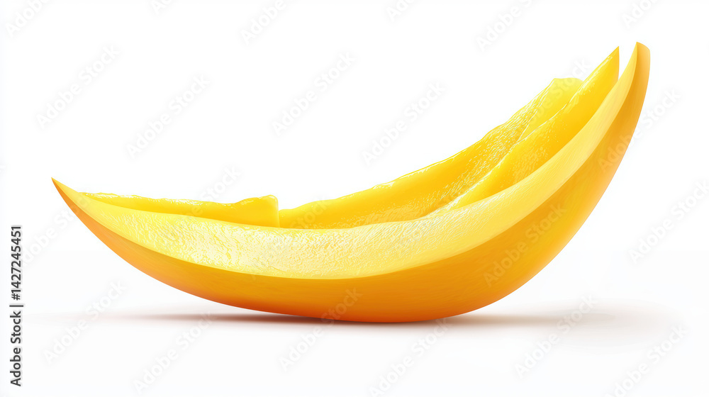 A crescent-shaped arrangement of vibrant yellow mango slices are displayed on a clean white surface, showcasing the fruit's texture and delicious flavor. A crescent-shaped arrangement of vibrant yellow mango slices are displayed on a clean white surface, showcasing the fruit's texture and delicious flavor.