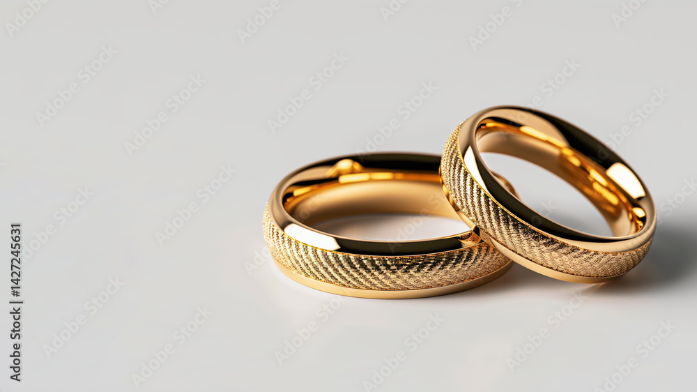 Close-up of two shiny gold wedding bands on soft surface. Symbol of love and marriage, perfect for Wedding Day projects, invitations, and gift cards. Close-up of two shiny gold wedding bands on soft surface. Symbol of love and marriage, perfect for Wedding Day projects, invitations, and gift cards.