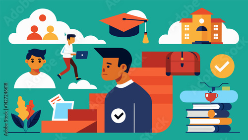 A series of photographs depicts a students journey through college from their freshman excitement to their senior year stress as they face the reality. Vector illustration