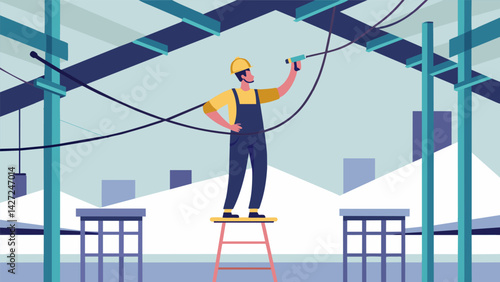 Standing on scaffolding the electrician is diligently running wiring along the exposed ceiling beams of a newly constructed warehouse.. Vector illustration
