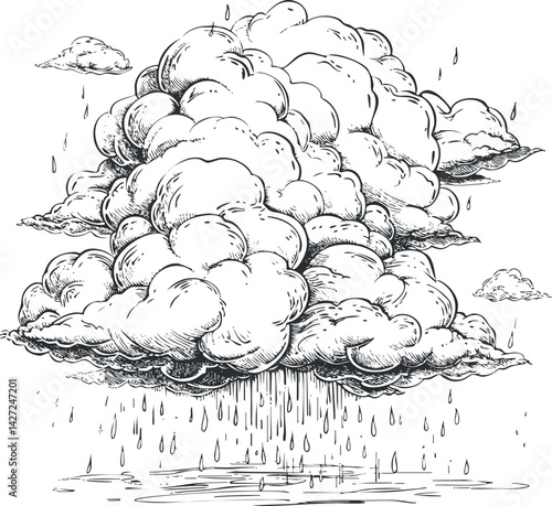 A detailed sketch of a large rain cloud with falling precipitation and a dramatic sky.