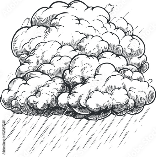 A detailed illustration of a rain cloud with heavy precipitation falling down.