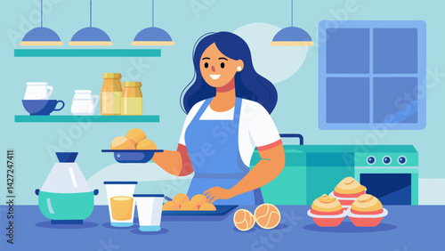 A woman standing in her kitchen packaging homemade baked goods to sell at local markets and events using the earnings to make extra payments on her. Vector illustration