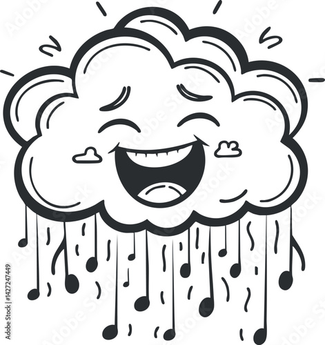 A cheerful cartoon cloud with a smiling face and musical notes raining down.