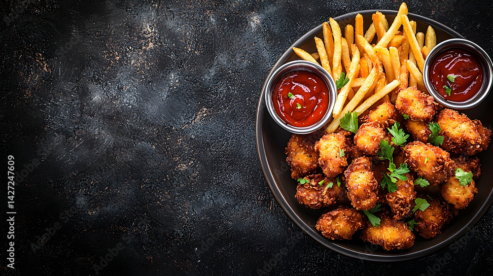 Crispy Fried Chicken Nuggets with French Fries and Dipping Sauce