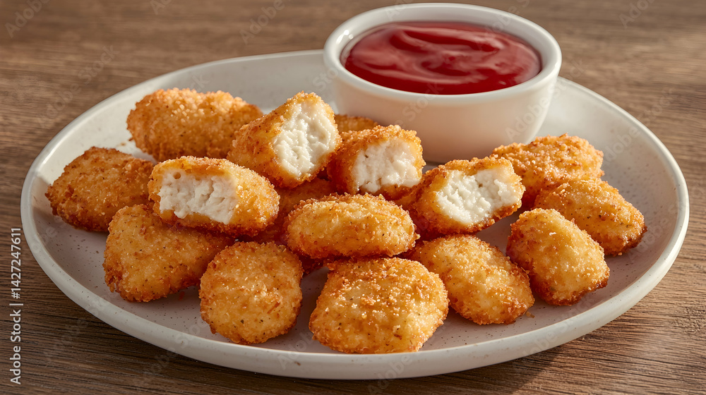 Crispy Chicken Nuggets with Red Sauce Served on a White Plate Crispy Chicken Nuggets with Red Sauce Served on a White Plate