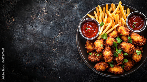 Obraz na płótnie Crispy Fried Chicken Nuggets with French Fries and Dipping Sauce w salonie