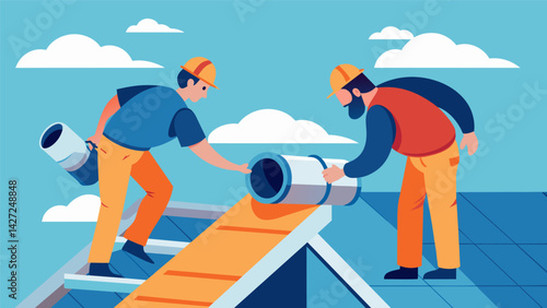 Roofers installing weatherproof flashing around the vent pipes of a new HVAC system to prevent water leaks.. Vector illustration