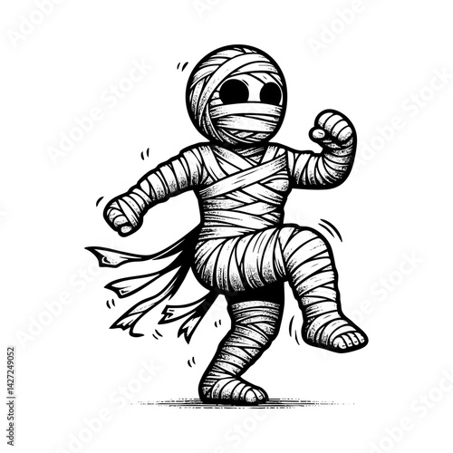 Mummy dance sketch engraving black and white outline. Scratch board imitation.