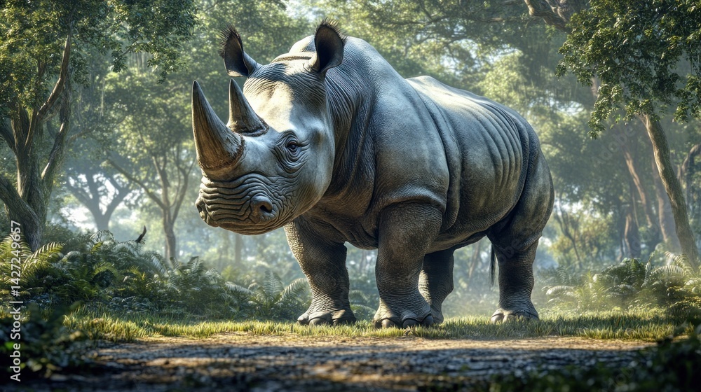 Fototapeta premium Rhino standing jungle path, sunlit trees