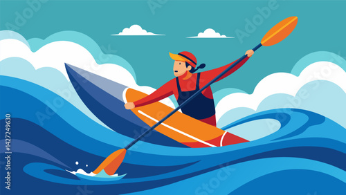 A solo canoeist tackling the rapids and sharp turns of the slalom course with precision and agility.. Vector illustration