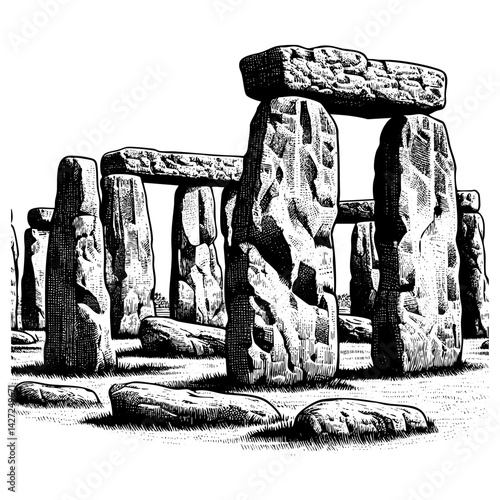Stonehenge sketch engraving sketch engraving black and white outline. Scratch board imitation.  illustrated in vintage line art style on a white background.