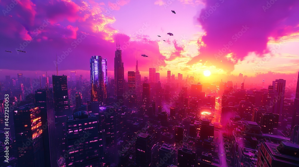 Obraz premium Futuristic Cityscape Sunset Vibrant Pink Purple Neon Skyline Modern Architecture Digital Art Illustration Urban Fantasy Futuristic Cityscape Dramatic 