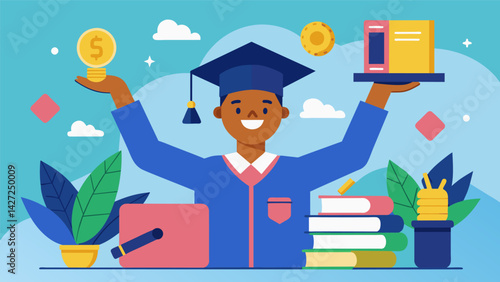 A graduate student happily shares that they were able to cover the cost of their degree through a combination of scholarships grants and working. Vector illustration