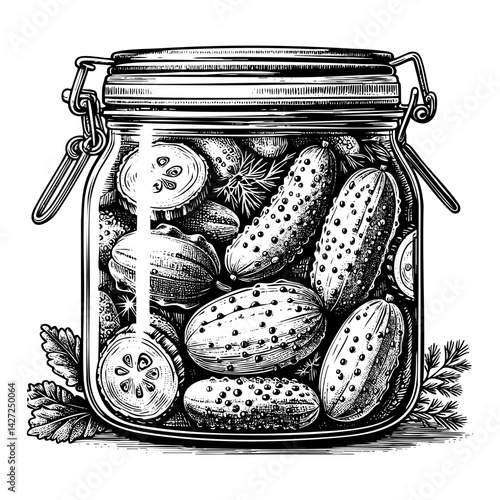 Cucumber pickle in jar engraving black and white outline. Scratch board imitation.