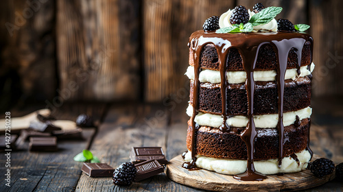 Delicious Chocolate Cake with Blackberries and Mint Garnish Delight
