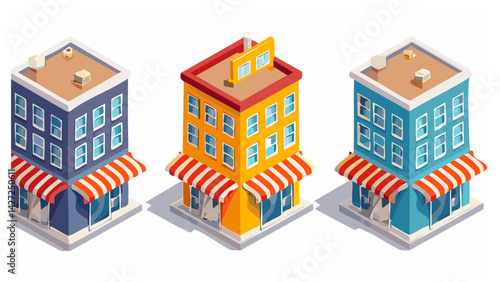 Street Shop Buildings Set � Colorful storefronts, isometric/cartoon styles