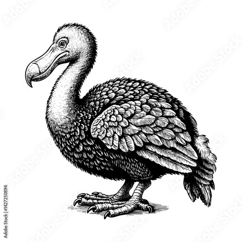 Dodo bird sketch engraving black and white outline. Scratch board imitation.  illustrated in vintage line art style on a white background.
