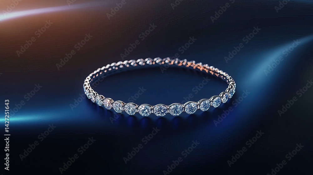Fototapeta premium Minimalist diamond bracelet lying in a gentle curve on a smooth navy background with soft gradient lighting