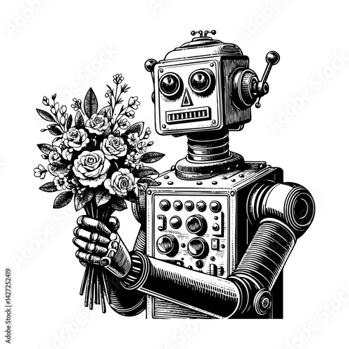Robot holding flower sketch engraving black and white outline. Scratch board imitation.  illustrated in vintage line art style on a white background.