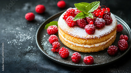 Delicious Cake Topped with Fresh Berries and Mint Leaves on Plate