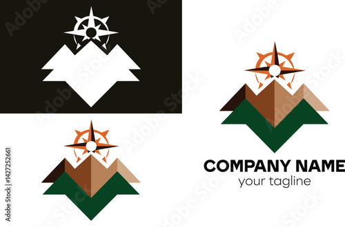 Hiking mountain logo design featuring a compass and a geometric mountain shape 