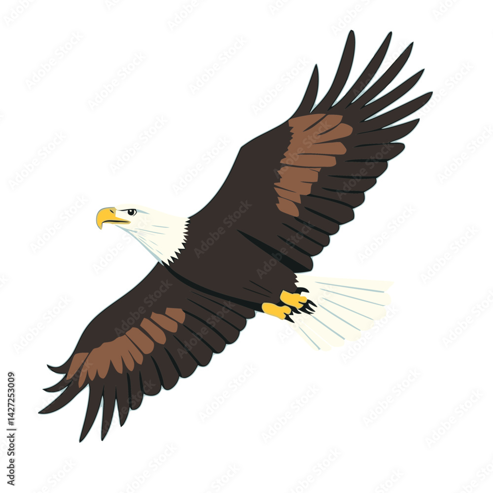 Fototapeta premium Bald eagle illustration soaring through the sky in a modern flat design style showcasing its majestic wings and strong features