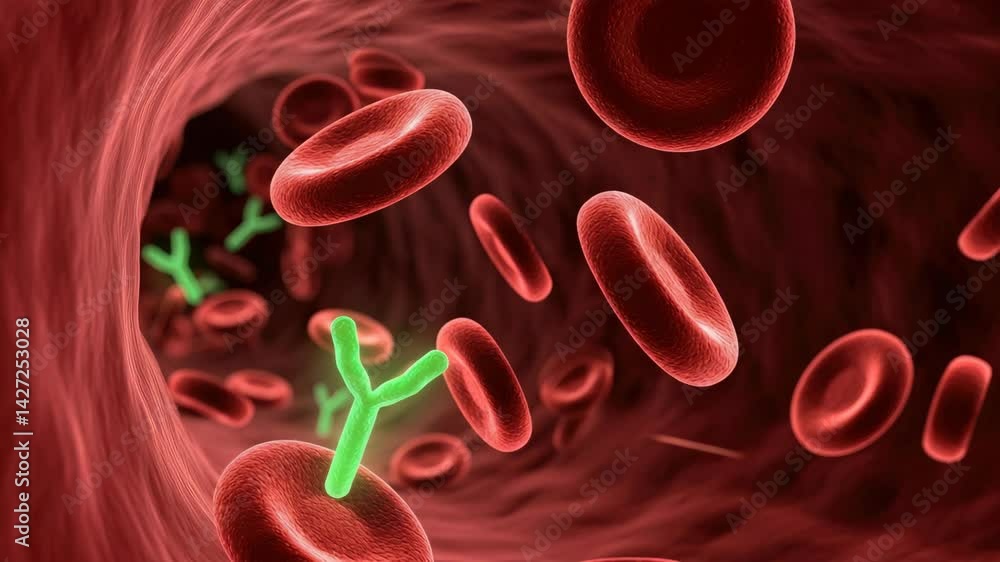 3D illustration of red blood cells in bloodstream with antibodies