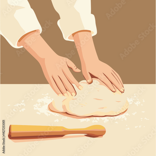 Baker kneads dough on a clean surface in a cozy kitchen setting with modern flat design style