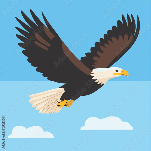 Bald eagle soaring gracefully in a bright blue sky with fluffy clouds