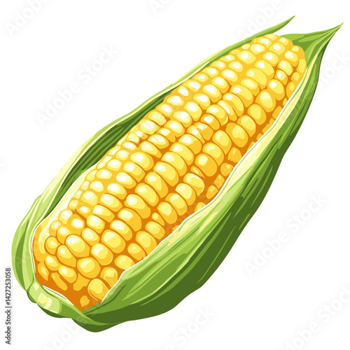 Modern flat illustration of corn on the cob with vibrant colors and detailed kernels in a fresh husk