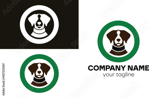 A logo design featuring a dog head inside a circle with different color variations