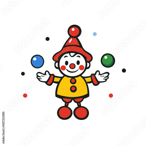 Juggling clown in bright colors performs entertainment act with colorful balls