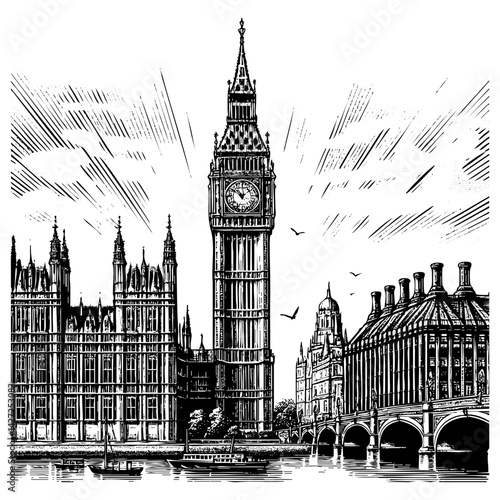 Big ben England sketch engraving black and white outline. Scratch board imitation.  illustrated in vintage line art style on a white background.