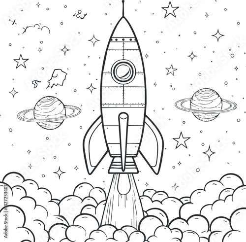 A whimsical rocket launching into space surrounded by planets stars and clouds in a cartoon style.