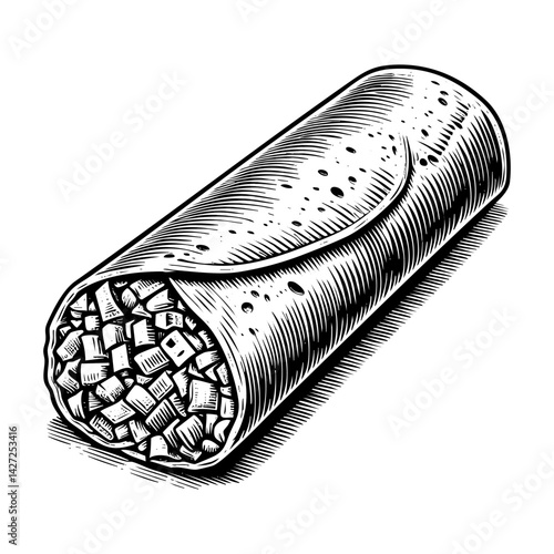 Burrito engraving black and white outline. Scratch board imitation.  illustrated in vintage line art style on a white background.