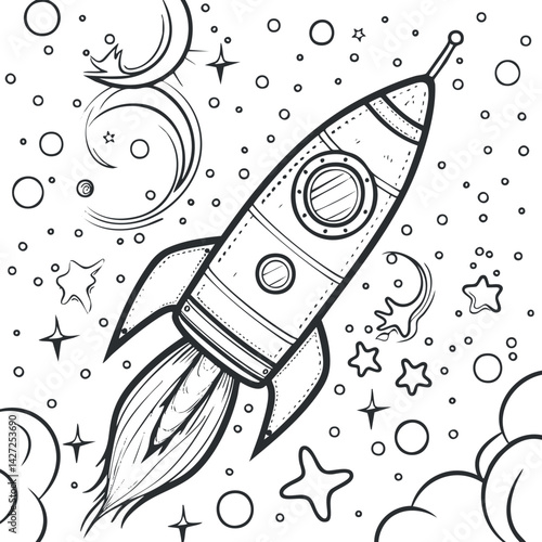 A whimsical black and white illustration of a rocket soaring through space with stars and clouds.