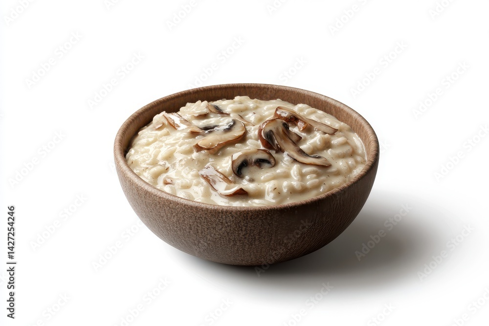Delicious creamy risotto with mushrooms served in a rustic wooden bowl. Delicious creamy risotto with mushrooms served in a rustic wooden bowl.