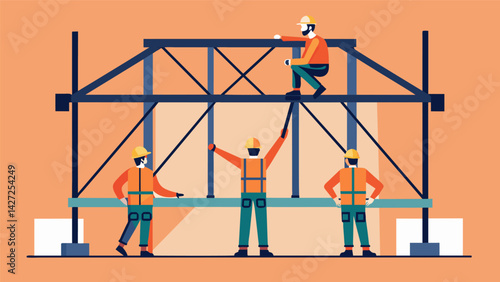 Evenly spaced workers are seen clambering around the steel frame finishing up the final touches and ensuring the structure is sy and secure.. Vector illustration