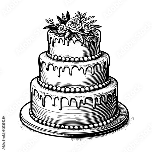 Wedding cake  sketch engraving black and white outline. Scratch board imitation.  illustrated in vintage line art style on a white background.