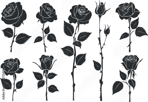 A collection of elegant black rose silhouettes with varying designs and details for creative projects.