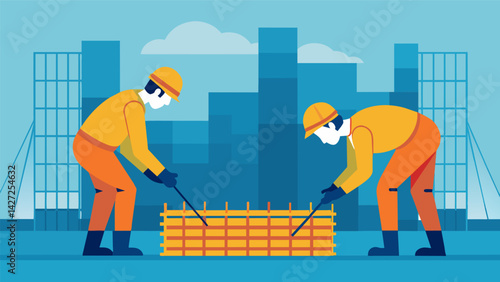 The workers meticulously tie the rebar together ensuring each piece is securely in place before pouring the concrete.. Vector illustration