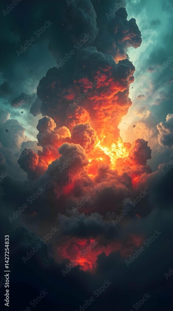 Obraz premium Massive Fiery Explosion with Dramatic Dark Teal Clouds Art