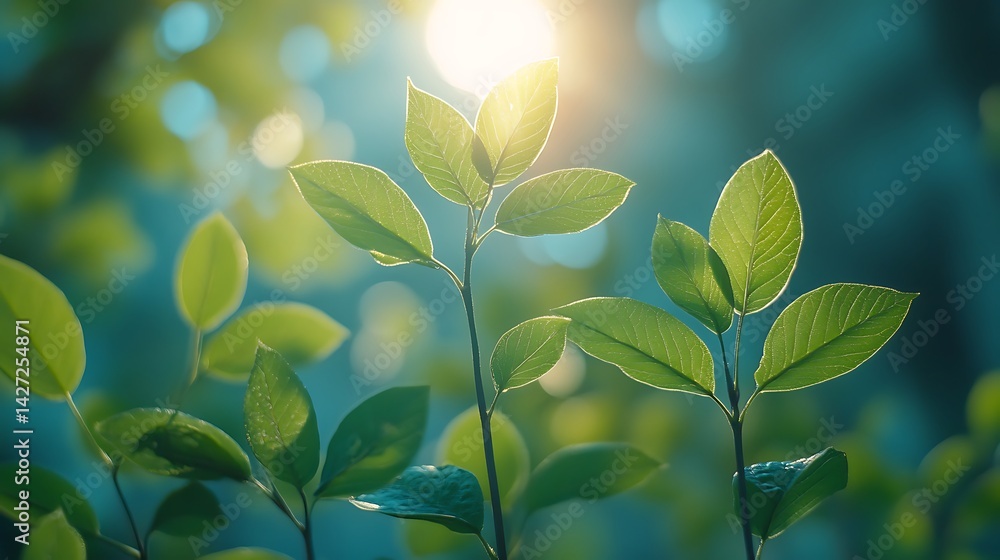 Obraz premium Fresh Green Leaves Illuminated By Sunlight In A Forest Setting Photo