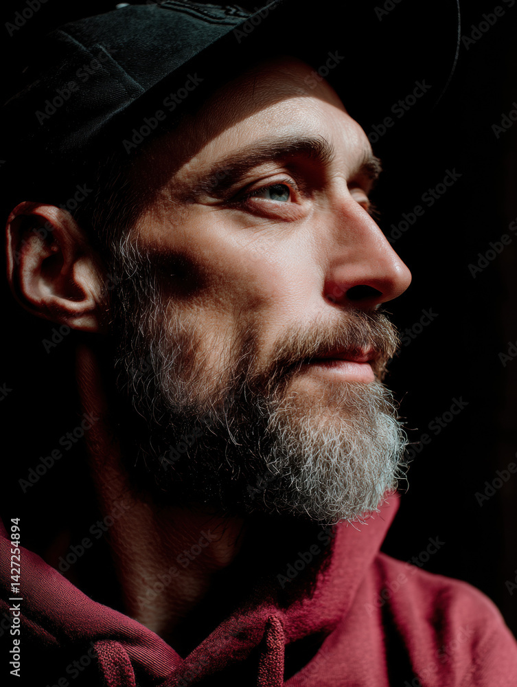 Fototapeta premium Close-Up of Bearded Man. Raw Expression and Natural Light.