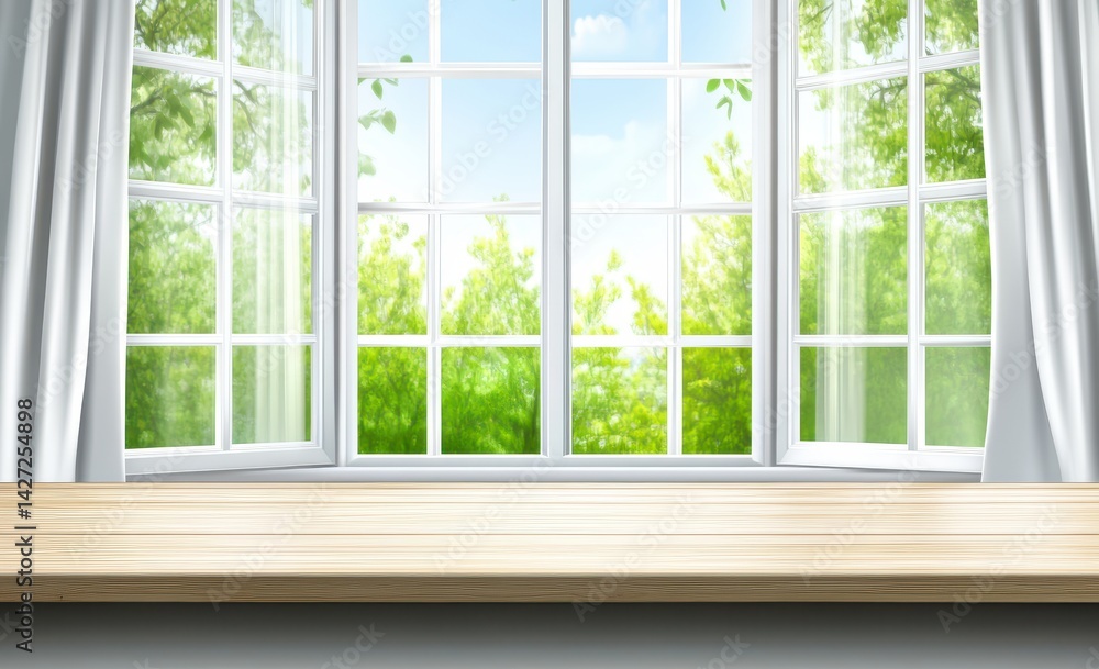 Naklejka premium Wooden shelf with window view